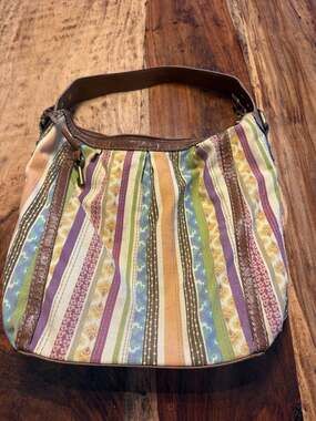 Fossil Multi-Color Striped Canvas and Leather Shoulder Bag with Key Charm